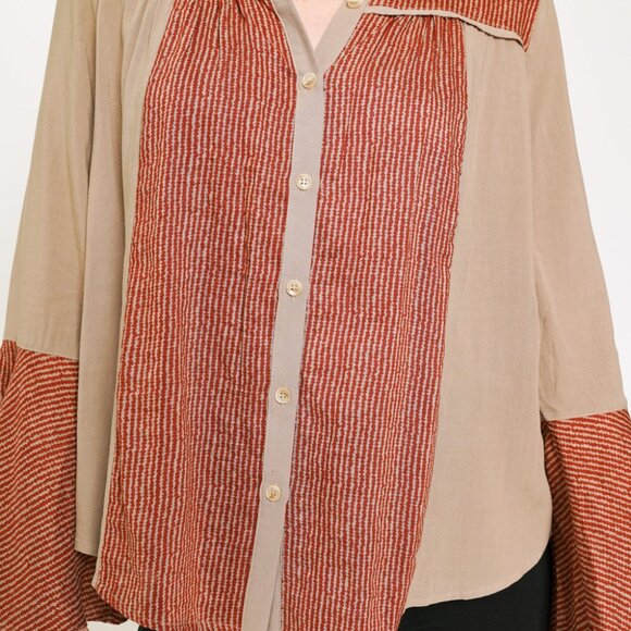MYSTREE Taupe & Rust Boho Button Down Blouse, Flared Sleeve Casual Chic Top - Picture 9 of 9